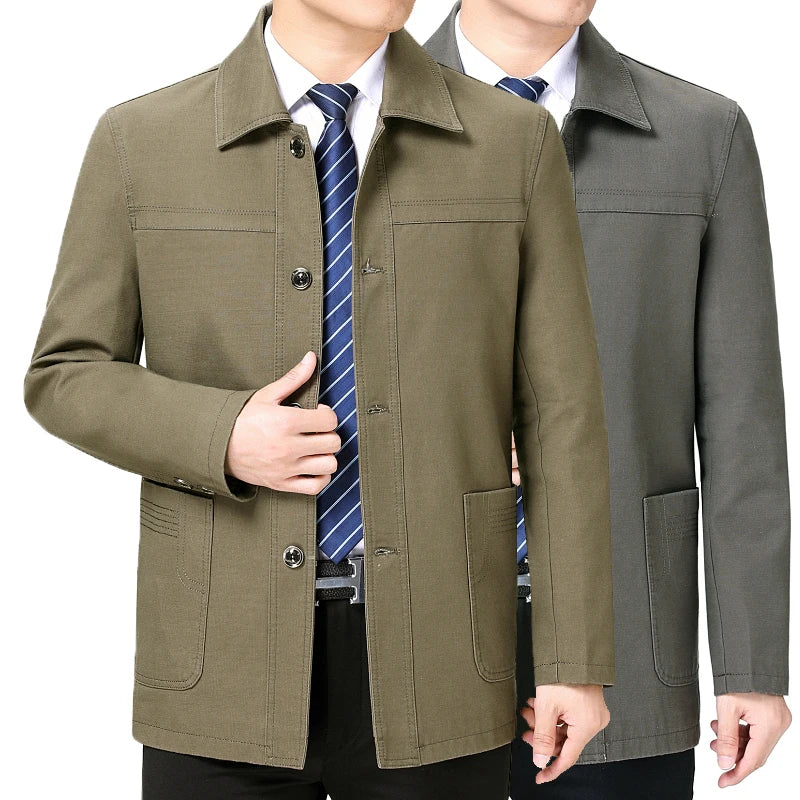 Men's Middle-Aged Cotton Jacket Spring Autumn Lapel Trench Coat Large Size with Buttons Fashionable Classic Outerwear