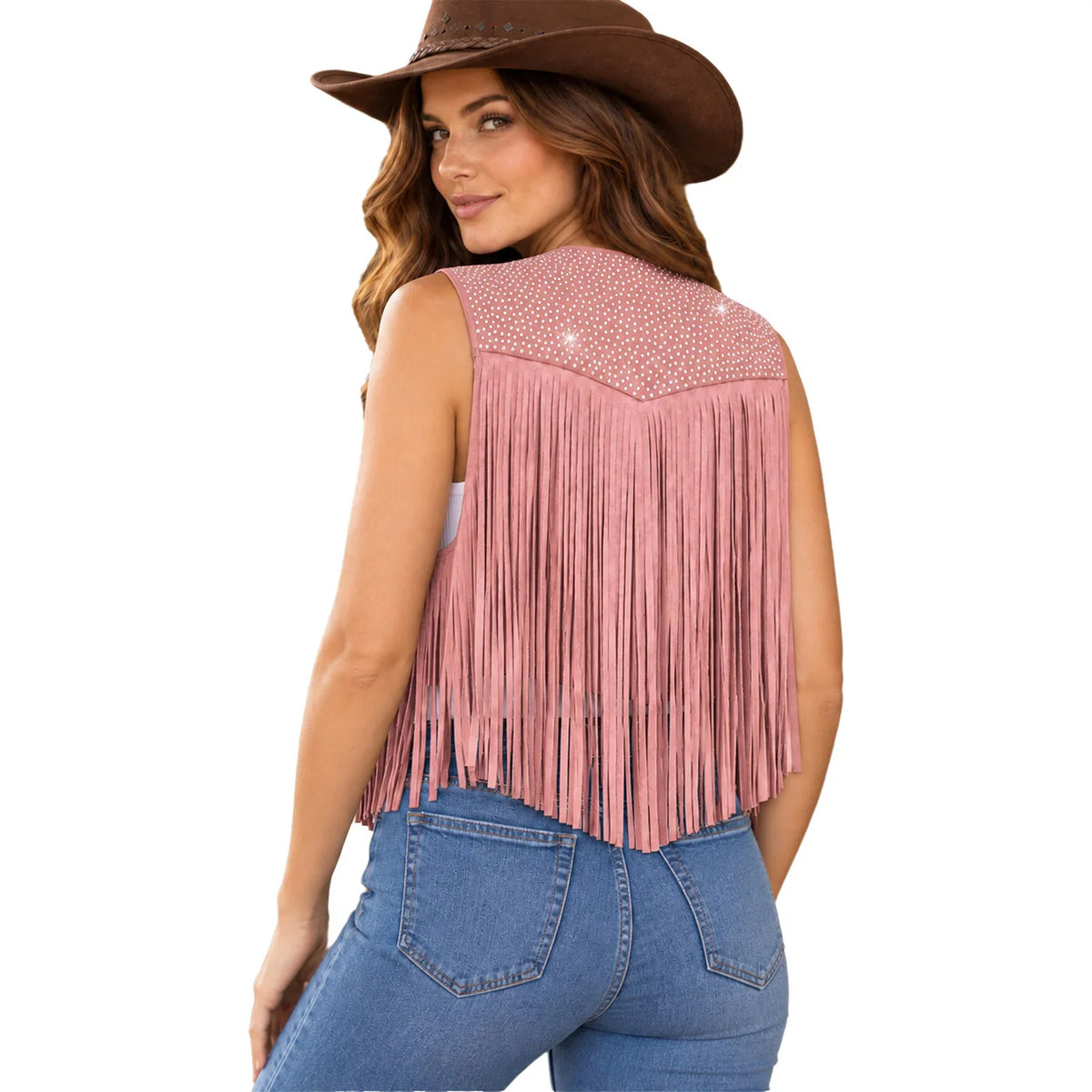 Women's Faux Suede Tassels Vest Waistcoat Western Cowgirl Hippie Costume Sleeveless Fringed Waistcoat for Halloween Party Outfit