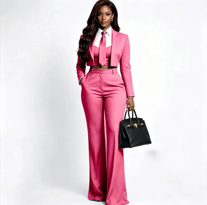 Sharp Women's Burgundy Suit Tailored Cropped Jacket+Wide Leg Pants 2 Piece Set Formal Evening Party Female Clothing