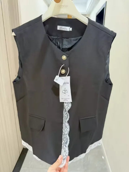 Fashion Loose Lace Patchwork Fake Two-piece Suit Vest Jacket Women's Korean  Spring  Autumn Sleeveless Top