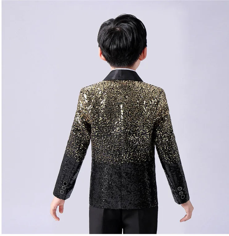 Boys Fashionable Gradient Sequins Jacket Pants Tie 3pcs Wedding Party Suits Kids Piano Performance Costume Photography Dress