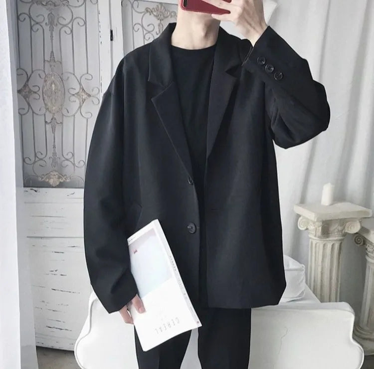 Men Spring Autumn Casual Blazer Set INS Korean Style Trendy Hong Kong Vibe Handsome Suit Jacket Outerwear