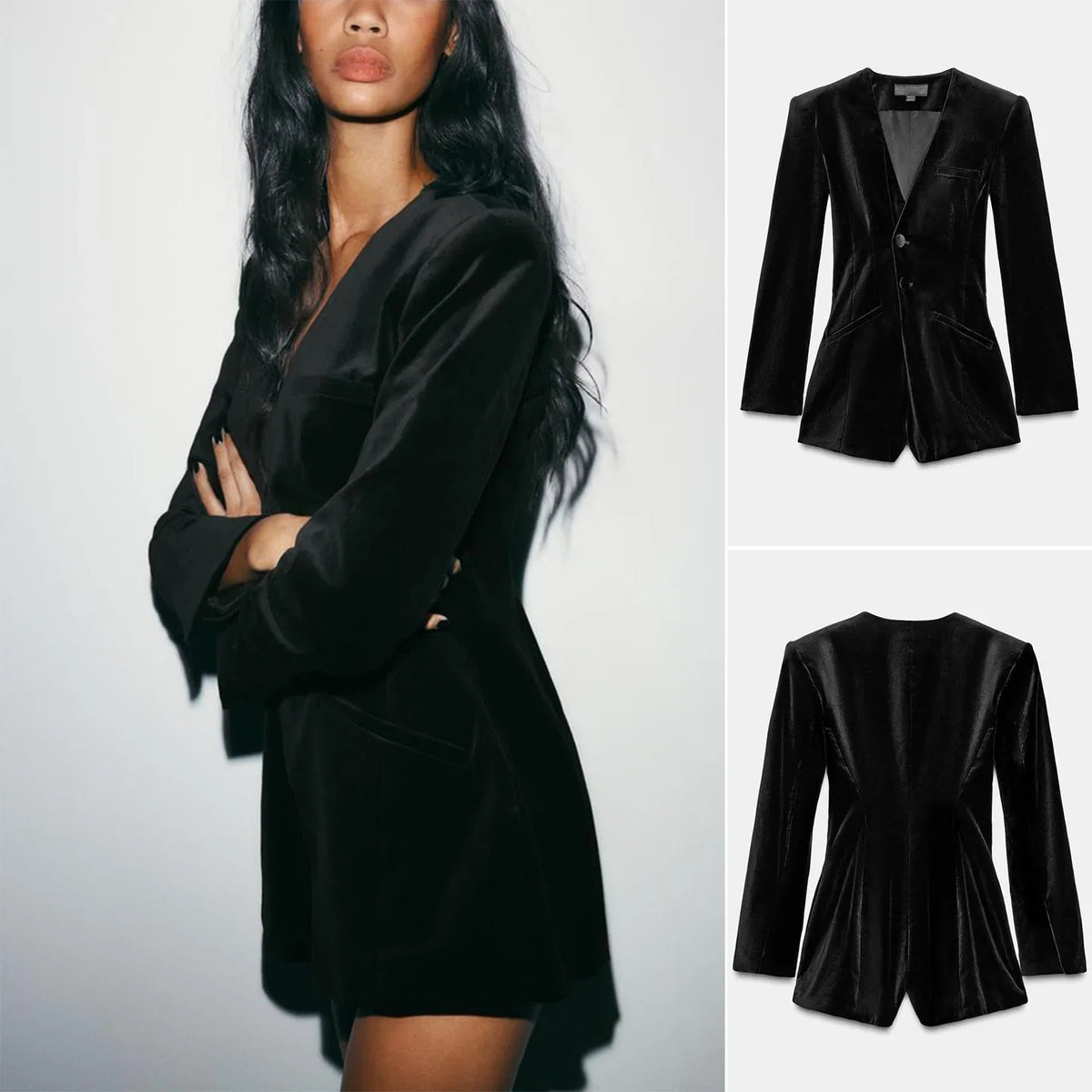 Silk Velvet Long Sleeve Suit Jacket Women's Business Wear Slim Fit Mid-Length Luxury Glossy Black Swan Velvet Outerwear