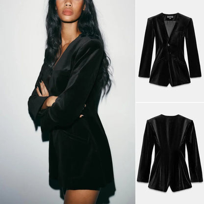Silk Velvet Long Sleeve Suit Jacket Women's Business Wear Slim Fit Mid-Length Luxury Glossy Black Swan Velvet Outerwear