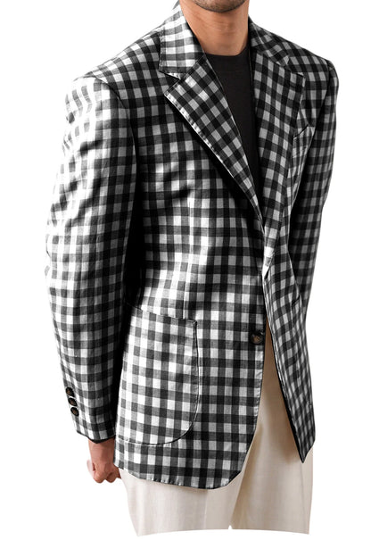 Men's Checkered Cotton Blazer Notched Lapel Single-Breasted Casual Business Summer Sport Coat with Patch Pockets