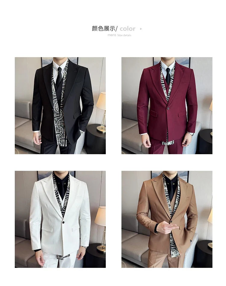 Scarf With Design Double Collar Suit Men's Business Casual Groom Wedding Slim Fit Suit Tuxedo 3-piece Set (Jacket+Vest+Pant)