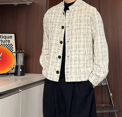 Men's Spring High-End Plaid Blazer Bad Boy Style Cropped Jacket Chinese Stand Collar Suit Outerwear