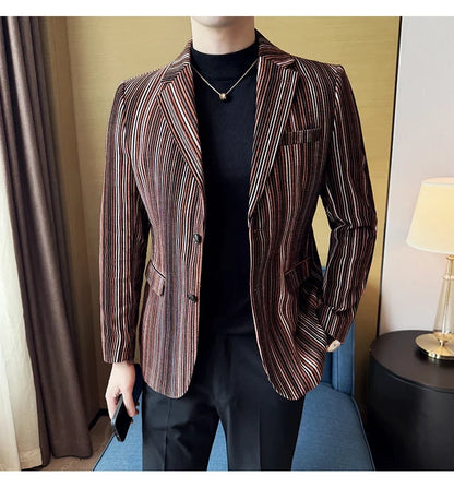 High Quality Plush Striped Fashion casual Suit Jacket Autumn Winter New Men Slim Fit Business Formal Social Prom Party Tuxedos
