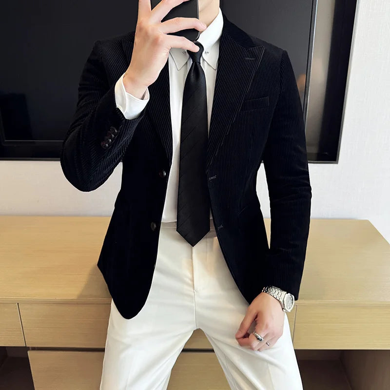 Autumn Winter New Corduroy Striped Suit Jacket Men High Quality Slim Fit Business Social Formal Suit Coats Tailcoat Men Clothing
