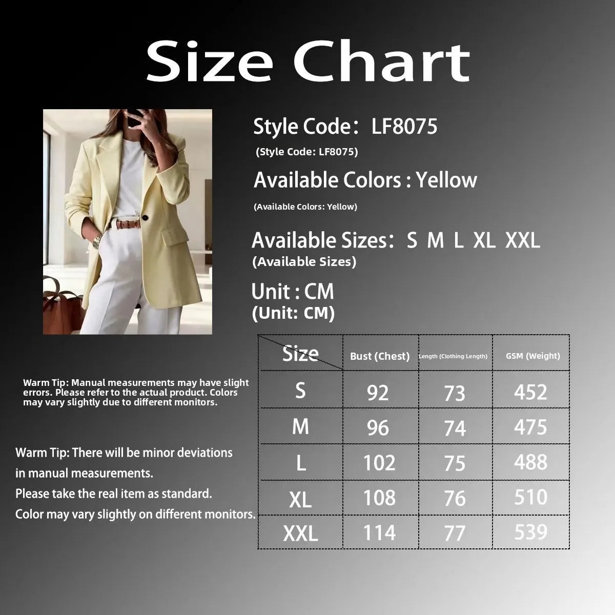Women's Single-Button Loose Fit Suit Jacket Trans-seasonal Yellow Collar Commute Casual Polyester Fabric Fashionable