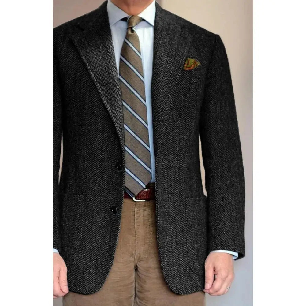 Men's Suit Grey Blazer Prom Groom Tuxedos Herringbone Wool Tweed Single Breasted Formal Bussiness Jacket for Wedding（Only Coat）