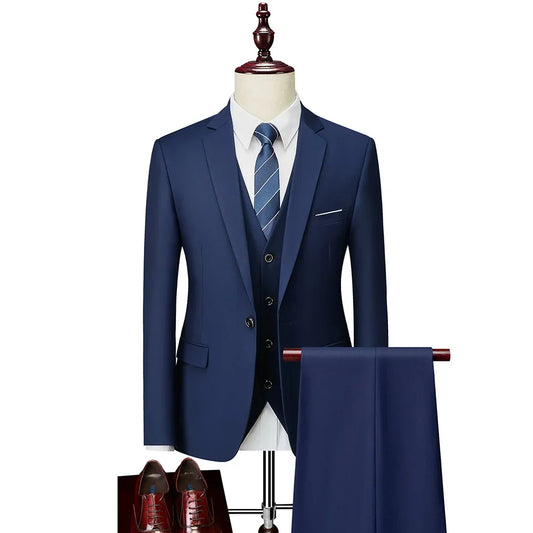 Men's Suit 3 Pieces Set Solid Color Slim Fit Business Leisure Banquet Wedding Groom Dress Jacket Vest With Pants