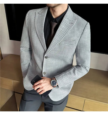 Men's Smart Casual Blazer – Vintage Coin Check Pattern – Brown & White Grey – Shopping & Office Wear