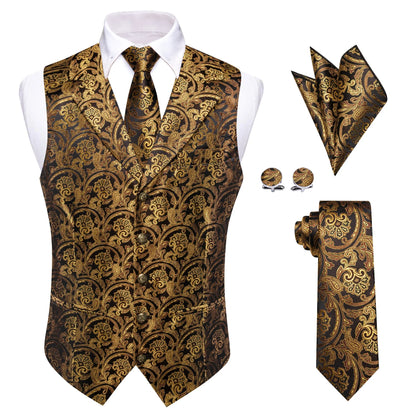 Men's Paisley Waistcoat Vest with Tie Hanky Cufflinks Set for Wedding and Banquet