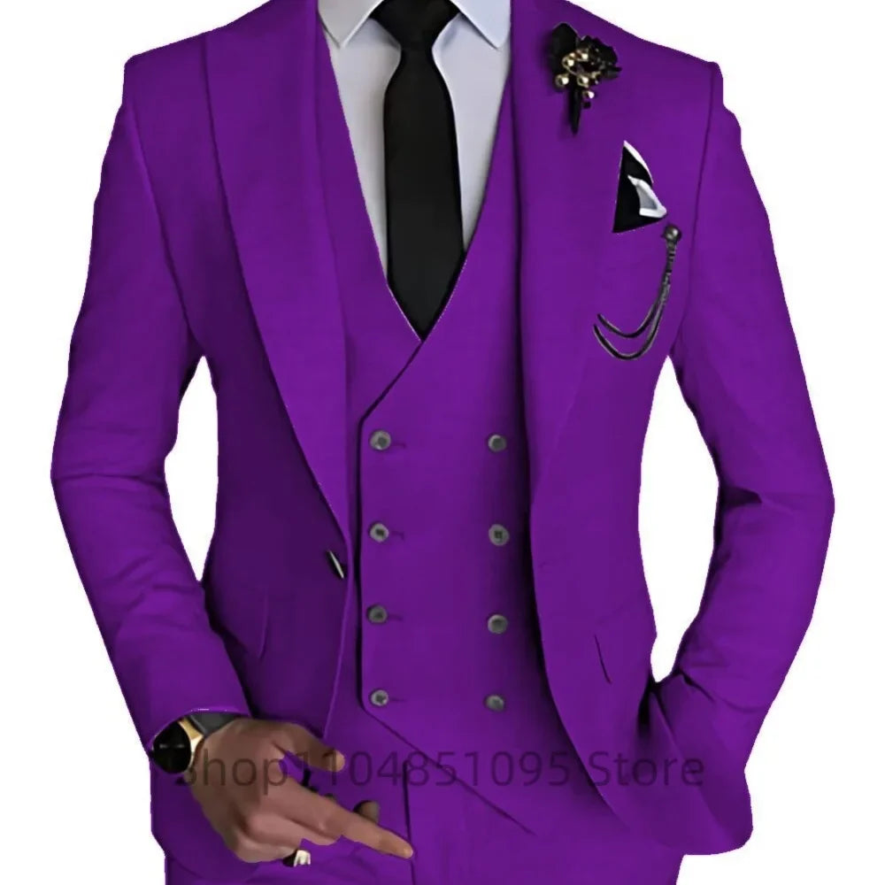 3 Piece Men's Wedding Dress Suits Slim Fit Peak Lapel Blazer+Vest+Pants Groom Tuxedos for Party Formal Suit Elegant Men Clothes