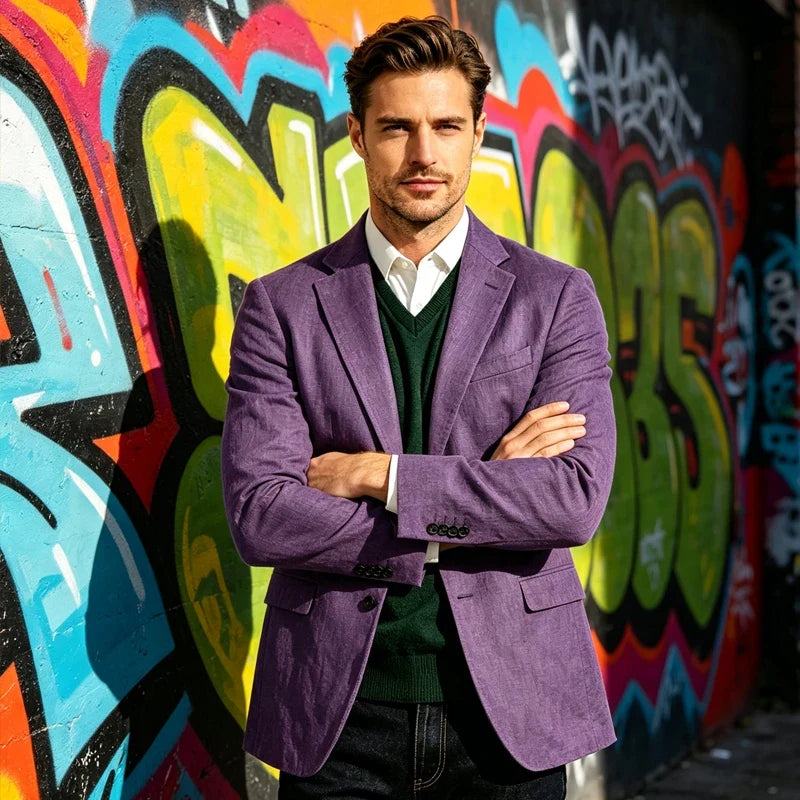 Men's Linen Blazer Notch Lapel Two-Button Sport Coat for Wedding and Daily Wear