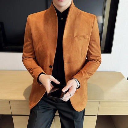 High Quality Cowhide Suede Suit Coats Men Fashion Slim Fit Stand Up Collar Business Casual Jacket Formal Groom Social Tuxedos