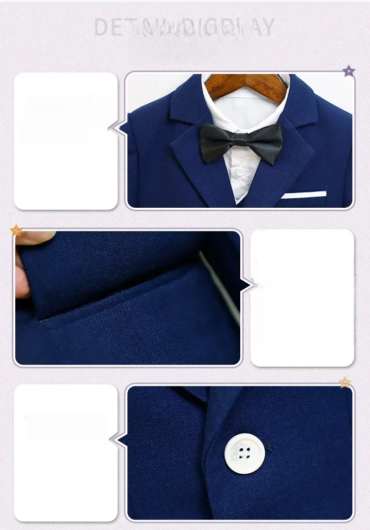 Kids 4Pieces Cerenmony Suit Set With Jacket Vest Pants Bowite Flower Boys Wedding Dress Children Birthday Photography Outfit