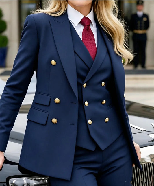 Navy Women's Suits Formal Official 3 Pcs Suits Elegant Double Breasted Regular Fit Peak Lapel Women Suit (Blazer+Vest+Pants)
