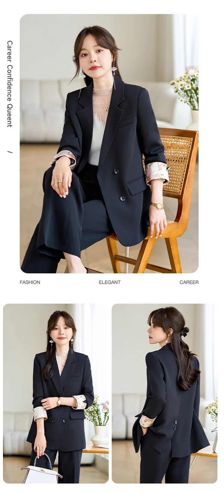 Fashion Elegant Solid Women Blazer Pantsuit Casual Vintage Chic Suit Jackets Wide Leg Pants 2 Pieces Set Female Outfits