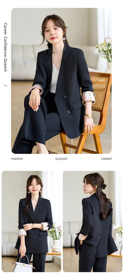 Fashion Elegant Solid Women Blazer Pantsuit Casual Vintage Chic Suit Jackets Wide Leg Pants 2 Pieces Set Female Outfits