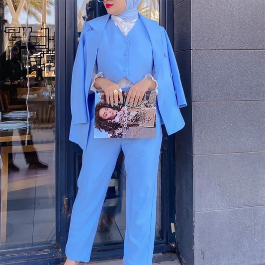 Saudi Arabia Lady Clothing Blue Women's Pants Set High-end Double Breasted Female Three Pieces(Blazer+Trousers+Vest)