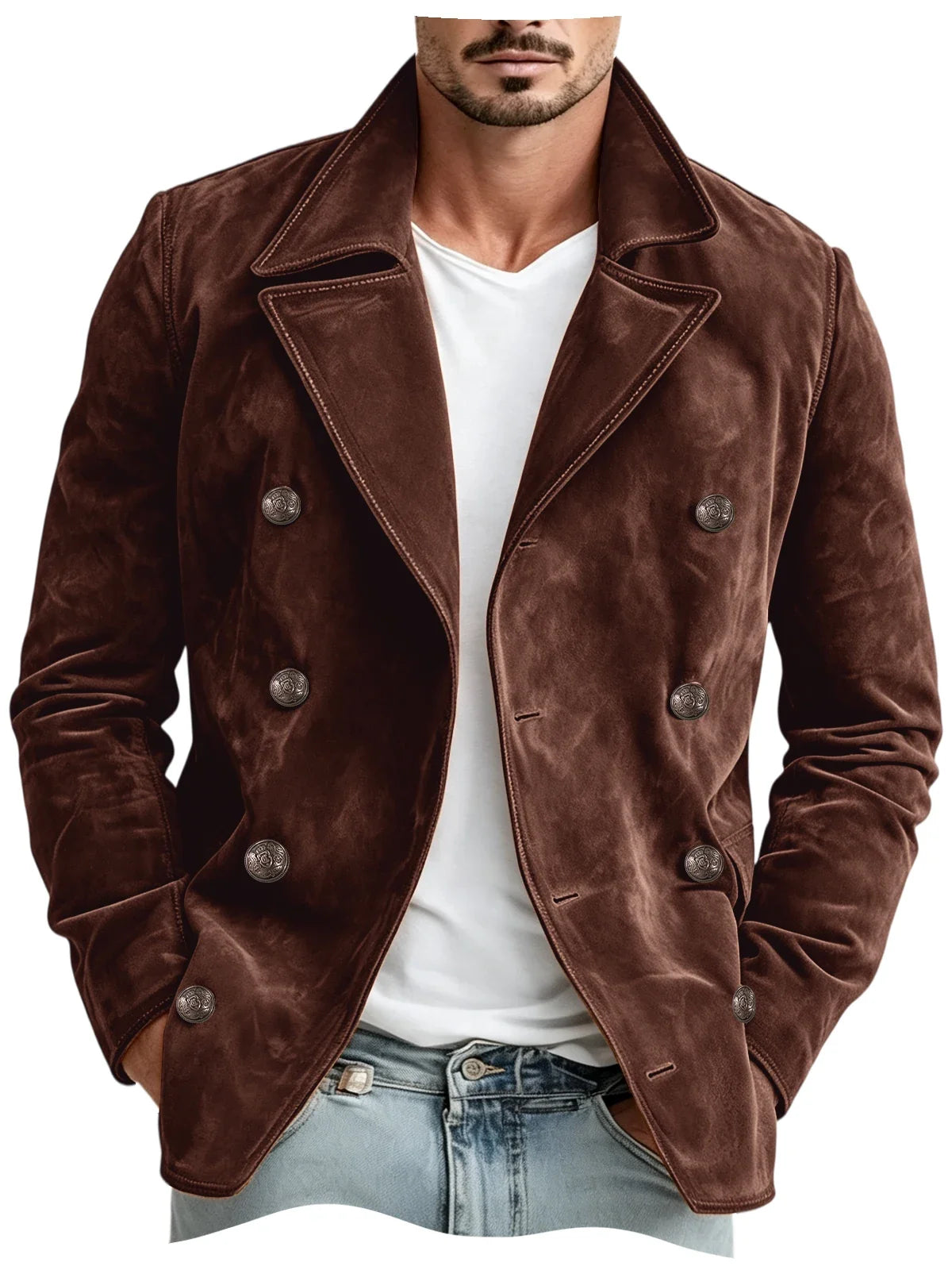 Men Faux Suede Jacket Double Breasted Lapel Collar Casual Blazer Vintage Comfort Business Office Autumn Winter Fashion Male Coat
