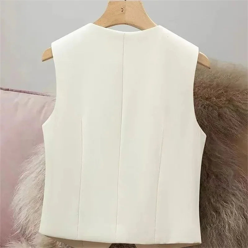 Women Fashion Leisure V-neck Lined Waistcoat Korean Female Short Suit Sleeveless Spring Autumn Lady Solid Color Blazer Vest Tops