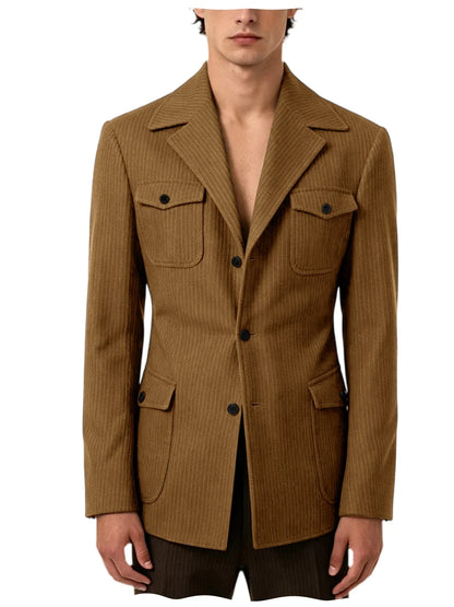 Men's Pinstripe Blazer Slim Fit Notched Lapel Lightweight Breathable Multi Pocket Comfortable Casual Sport Coat For Summer