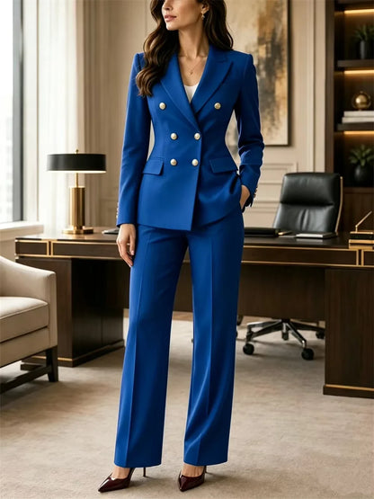 Office Lady Burgundy Women 2 Piece Pant Set Suit Double Breasted Gold Button Fitted Blazer Pants Office Business Prom Customized