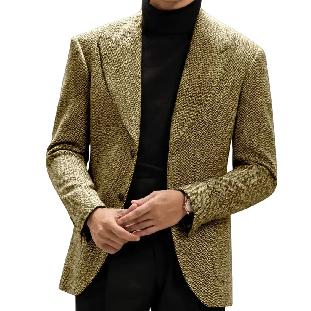 Classic Italian Men's Suit Jacket, Single Breasted, Autumn Winter Retro Warm Suit Men Herringbone Business Casual Men's Clothing