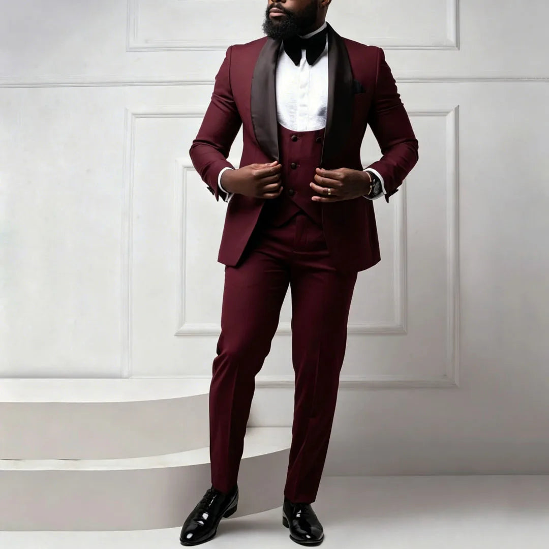 Men Suit Coffee 3 Pieces With Bright Black Lapel For Wedding Birthday Party Banquet Business Work Set Jacket Verst With Pants