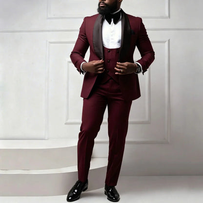Men Suit Coffee 3 Pieces With Bright Black Lapel For Wedding Birthday Party Banquet Business Work Set Jacket Verst With Pants