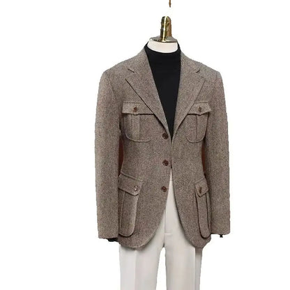 Men's Brown Herringbone Tweed Blazer Notch Lapel Single Breasted Jacket Business Wedding Prom Tuxedo Jacket Spring Autumn Top
