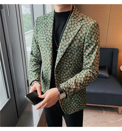 Autumn Winter Corduroy Flower Blazers Men Slim Fit Casual Suit Jacket Casual Suit Jacket Wedding Business Dress Coat Streetwear