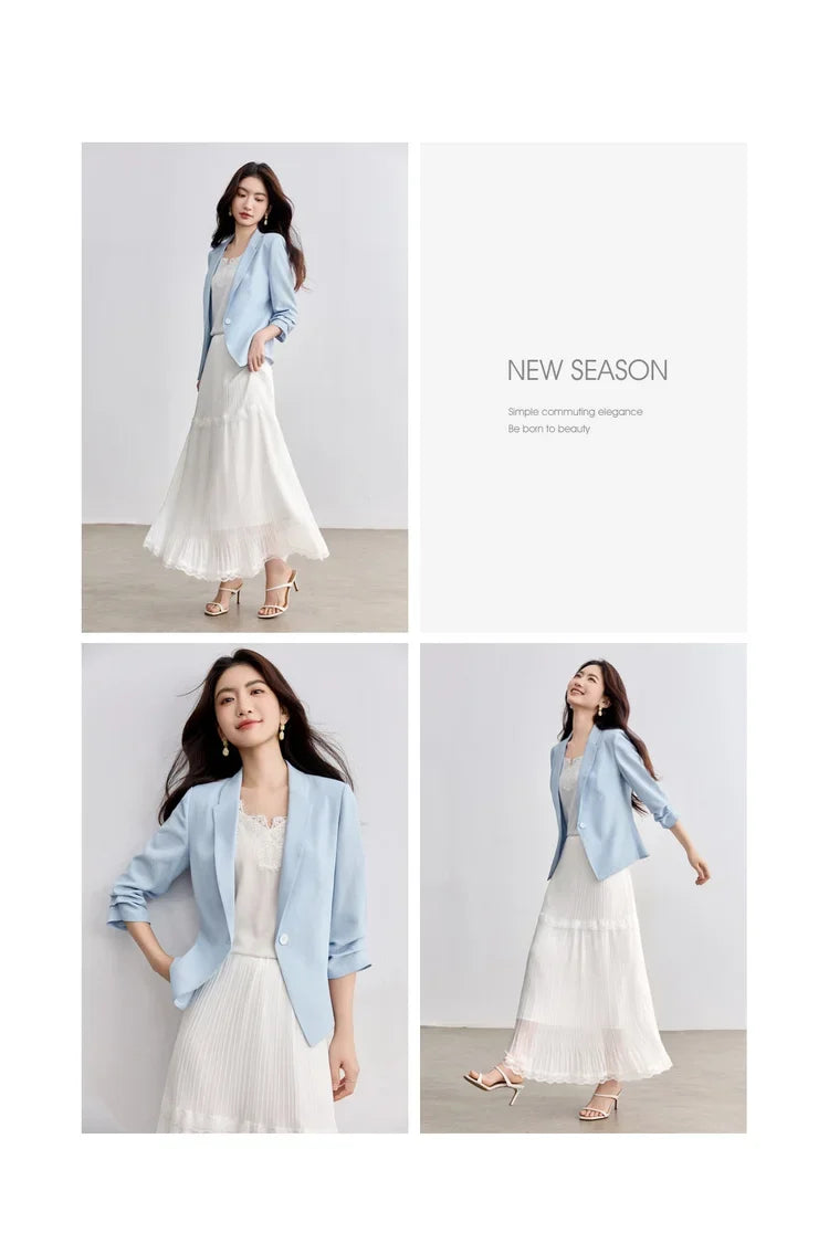 Blazer For Women's Commuter Flat Collar, One Button-down Shoulder Pads, Seven-quarter Sleeves Short Jacket 152XC1936