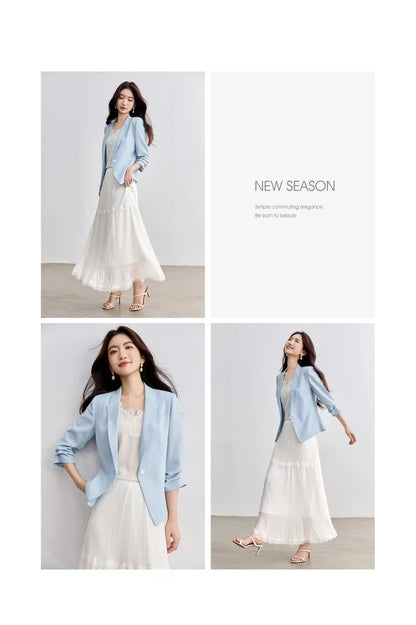 Blazer For Women's Commuter Flat Collar, One Button-down Shoulder Pads, Seven-quarter Sleeves Short Jacket 152XC1936