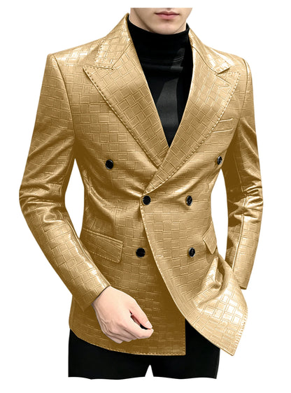 Men's Crocodile Leather Blazer Double Breasted Slim Fit Suit Jacket Formal Business Casual Sport Coat Wedding Party Streetwear