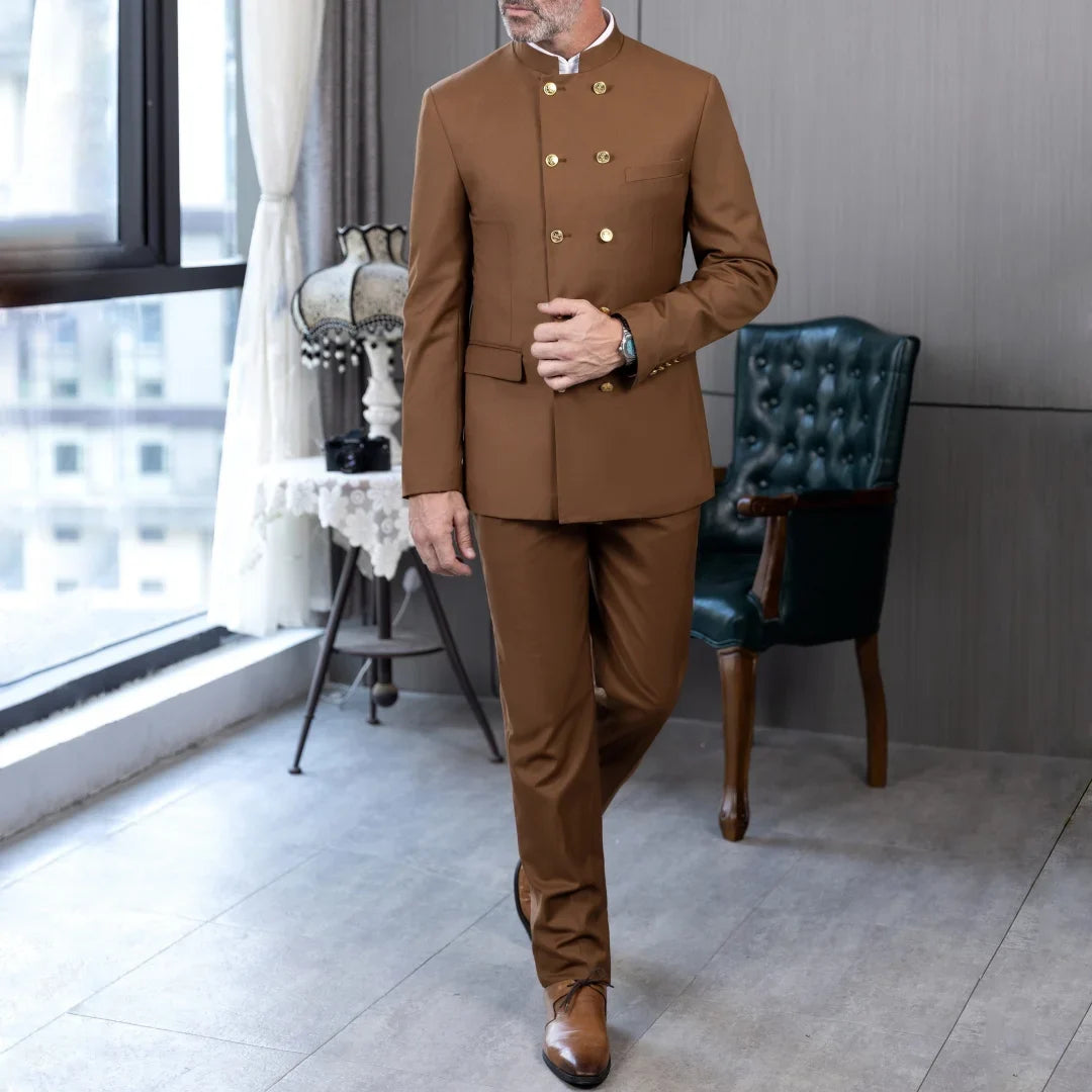 Men Suit 2 Piece Light Brown Double Button Hight Neck For Wedding Groom Business Party Prom Banquet Work Office Jacket Pants