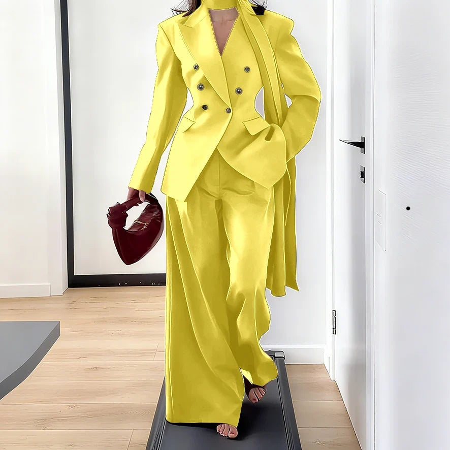 Elegant Women Double Breasted Suit Set Double Breasted Peaked Lapel Blazer+Pants Daily Slim Fit Office Evening Party Outerwears
