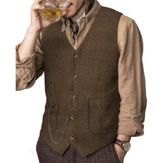 Men's Slim Fit Vest Single-Breasted Herringbone Waistcoat for Wedding & Business