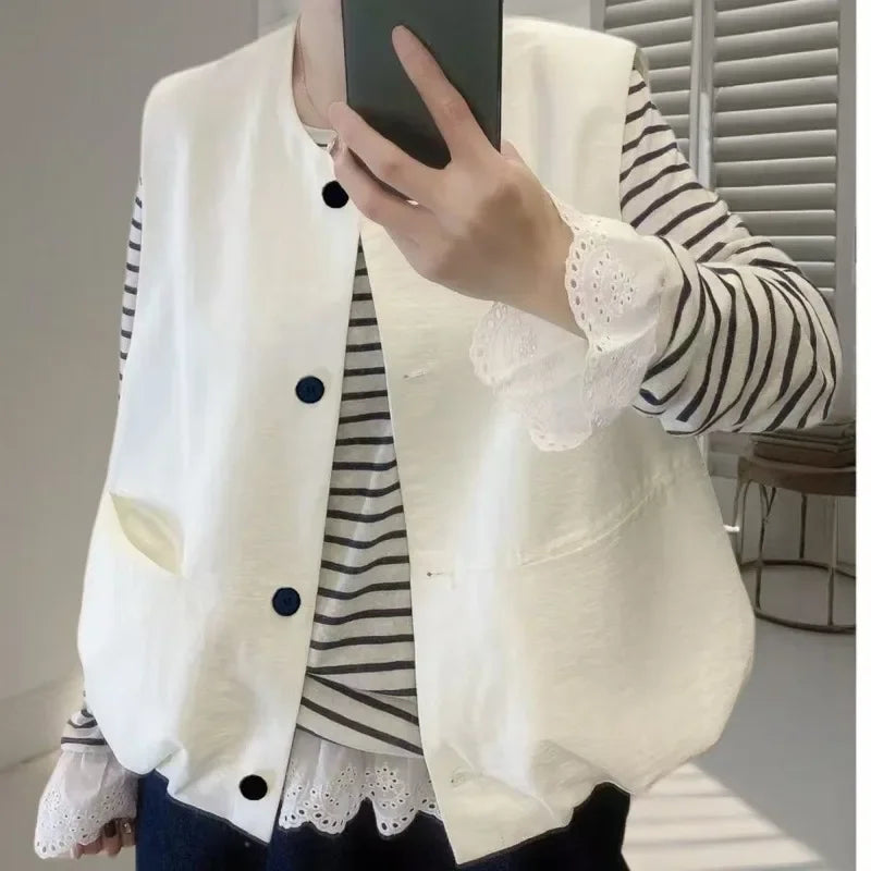 Vest Female Spring Autumn Casual Lined Waistcoat Women O-Neck Sleeveless Jacket Women Solid Single-breasted Vest Coat
