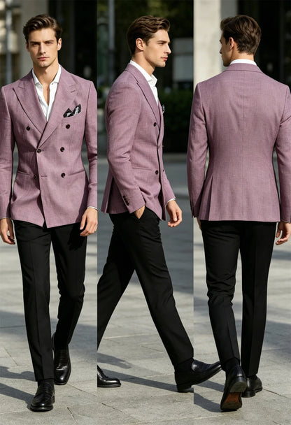 Men’s Linen Blend Suit Blazer Double Breasted Casual Peak Lapel British Style Jacket  Soft Breathable Men Suit For Summer Beach