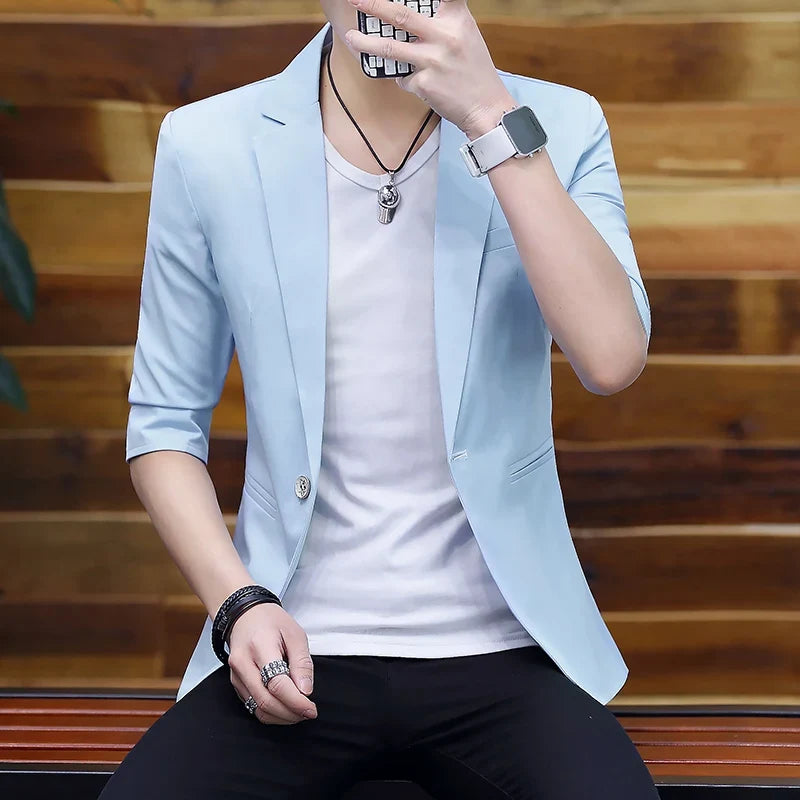 Summer 2025 Men's Mid-Sleeve Slim Fit Suit Korean Style Handsome Youth Seven-Quarter Jacket Small Suit Collection