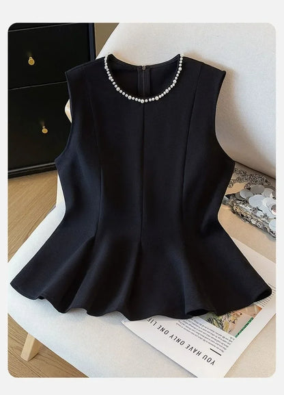 、2026 Summer New Top Women's Commuting Simple Solid Slim Short Sleeveless Shirt Round Neck Shirt Women Black Zipper Blazer Vests