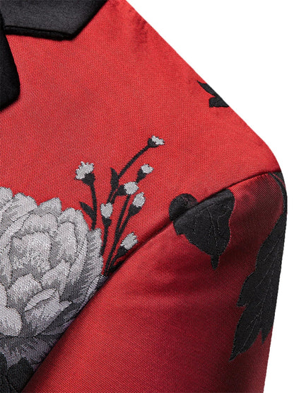 Red Base Grey Peony Floral Jacquard Mens Tuxedo Blazer, Shawl Lapel Single Button Formal Jacket Wedding Host Costume