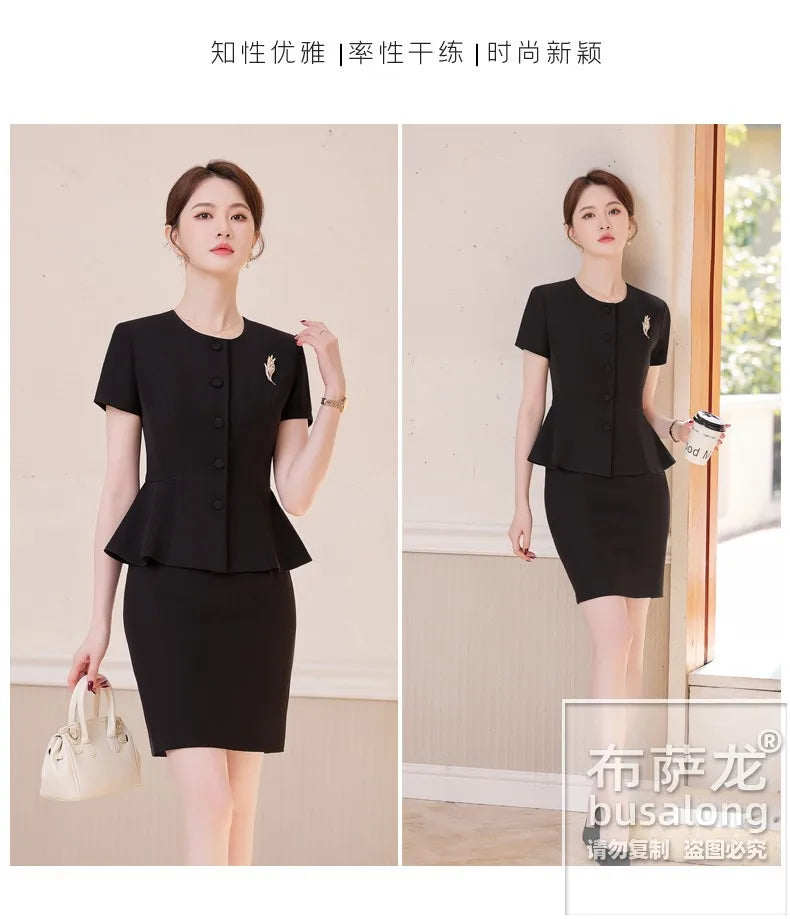 2025Summer Blue Short Sleeve Blazer Suit Professional Women's Skirt Set Short Skirt Elegant Fashion Formal Workwear