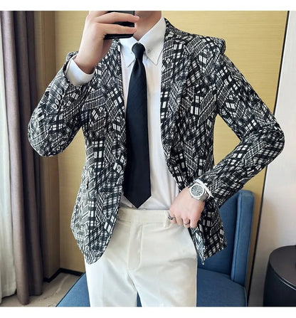 Korean Slim Fit Casual Suit Jacket for Men Fashion Camouflage Business Social Blazers Wedding Streetwear Dress Coat Men Clothing