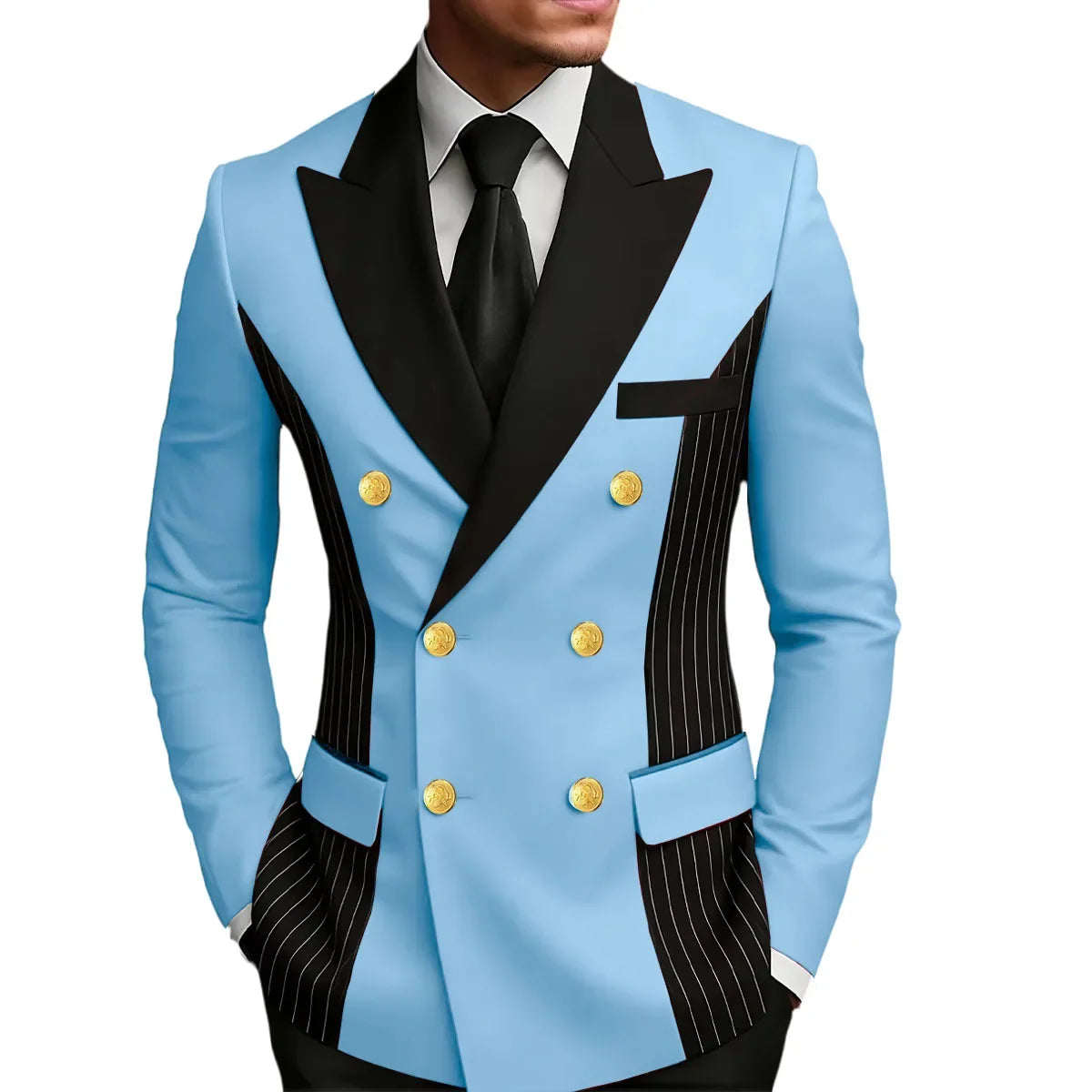 Men's Double Breasted Blazer Striped Patchwork Peak Lapel Slim Fit Formal Wedding Suit Jacket
