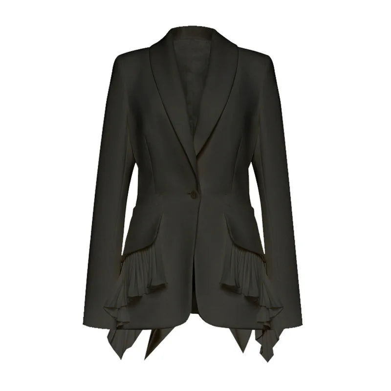Women Blazer Elegant Turn-down Collar Single Button Patchwork Pleated Hem Slim Fit High-end Chic Coat Spring Autumn HK22596